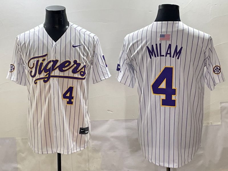 Men 2025 LSU Tigers #4 Milam White Stripe Nike Joint Name Nike NCAA Jersey style 5